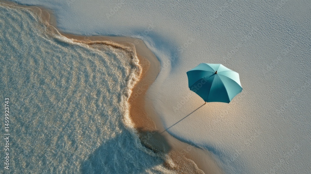 Poster a beach umbrella stands alone on soft sand, casting its shadow onto the shore as calm waves lap gent