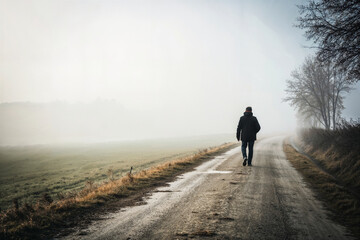 Obraz premium Man walking along foggy rural road under overcast light