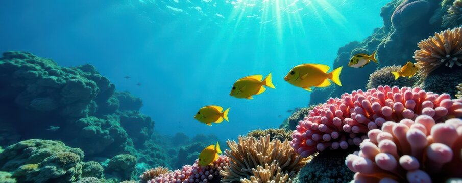 School of yellow and blueback fusiliers swimming in vibrant coral reef , underwater photography, colorful
