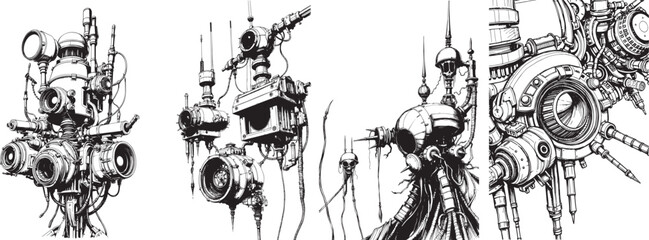 Mechanism set, retro, vintage, steampunk, cyberpunk, decorative elements. Ideal design for social media, cover, banner, flyer, music, ads.