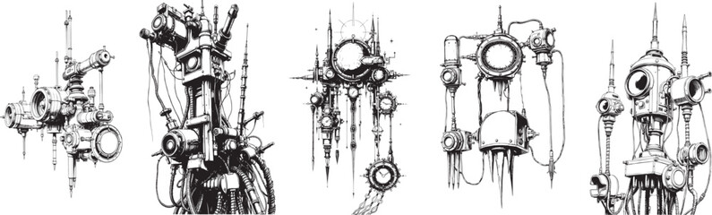 Mechanism set, retro, vintage, steampunk, cyberpunk, decorative elements. Ideal design for social media, cover, banner, flyer, music, ads.