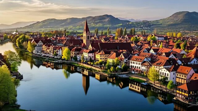 View of Moosburg's historic old town showcasing waterfront and scenic landscapes, Aerial view of the old town of the city Moosburg in Germany, Bavaria on a sunny spring day mrning