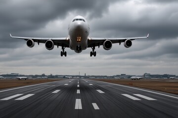 Obraz premium A large airplane approaches for landing on a runway under dramatic, cloudy skies at an airport.