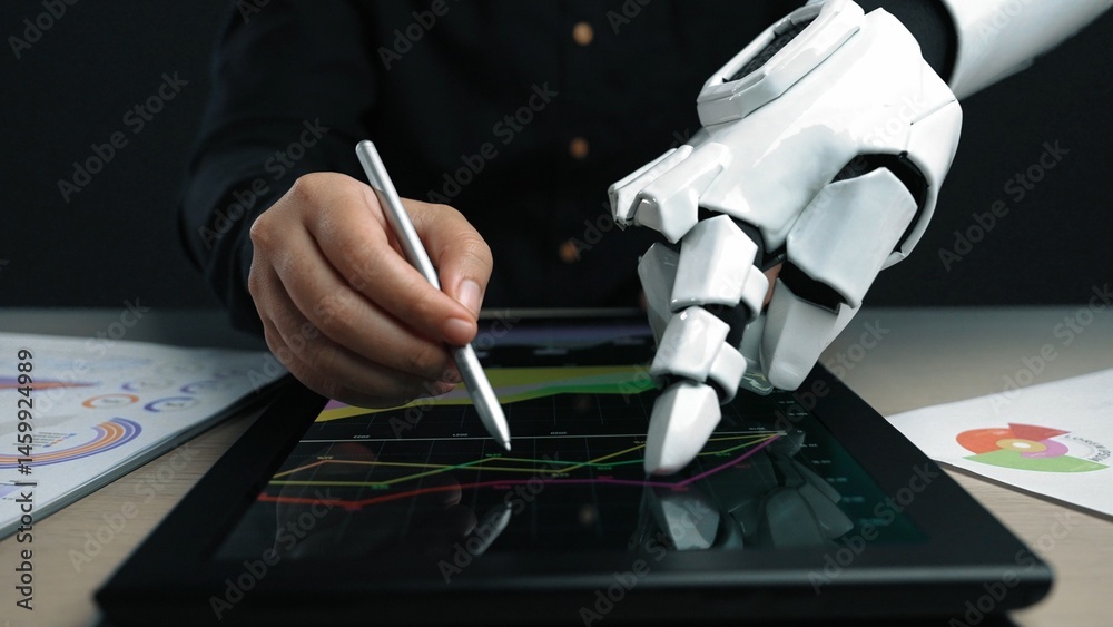 Poster a dynamic scene showing a robotic hand interacting with a tablet, illustrating data analysis through