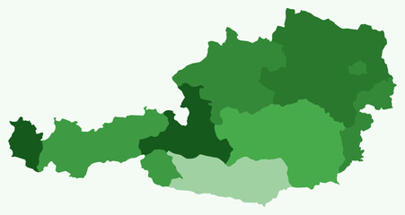Obraz premium Map of Austria with regions. A simple country border map with region division. Green color palette. Flat Austria shape with administrative division. Vector illustration.