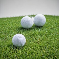 A pristine golf ball rests in vibrant green grass against a pure white backdrop , close-up, leaf, blades of grass