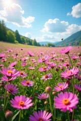 Obraz premium A stunning expanse of pink and purple wildflowers blankets a sunny field , photo, vibrant, sky