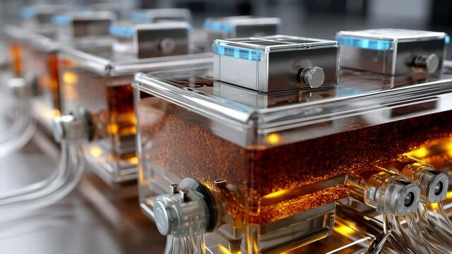 A detailed shot of rectangular aqueous iron flow-battery stacks in a lab. Rust-colored electrolyte circulates through transparent compartments, sustainable energy storage innovation and clean power