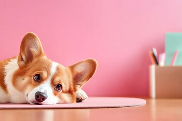 A corgi dog lying on a mat against a pink wall, conveying a sense of calm and cuteness.