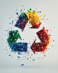 Clean Background with Recycling Symbol of Colorful Plastic Fragments