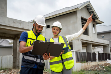 Project manager women and civil engineer wearing safety vests and helmets inspect a housing...