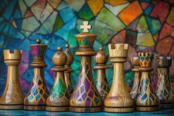 A set of handcrafted chess pieces, adorned with vibrant stained-glass designs, stands against a colorful mosaic backdrop.