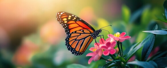 Obraz premium A stunning butterfly gracefully rests on a vibrant pink flower, showcasing its colorful wings. This nature scene captures the beauty and tranquility of the outdoors.