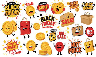 Fototapeta premium Retro sale shopping stickers. Black Friday characters. Vintage promotion, advertising, social media design. Funky groovy marketing visuals mascot vector
