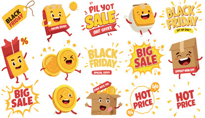 Retro sale shopping stickers. Black Friday characters. Vintage promotion, advertising, social media design. Funky groovy marketing visuals mascot vector