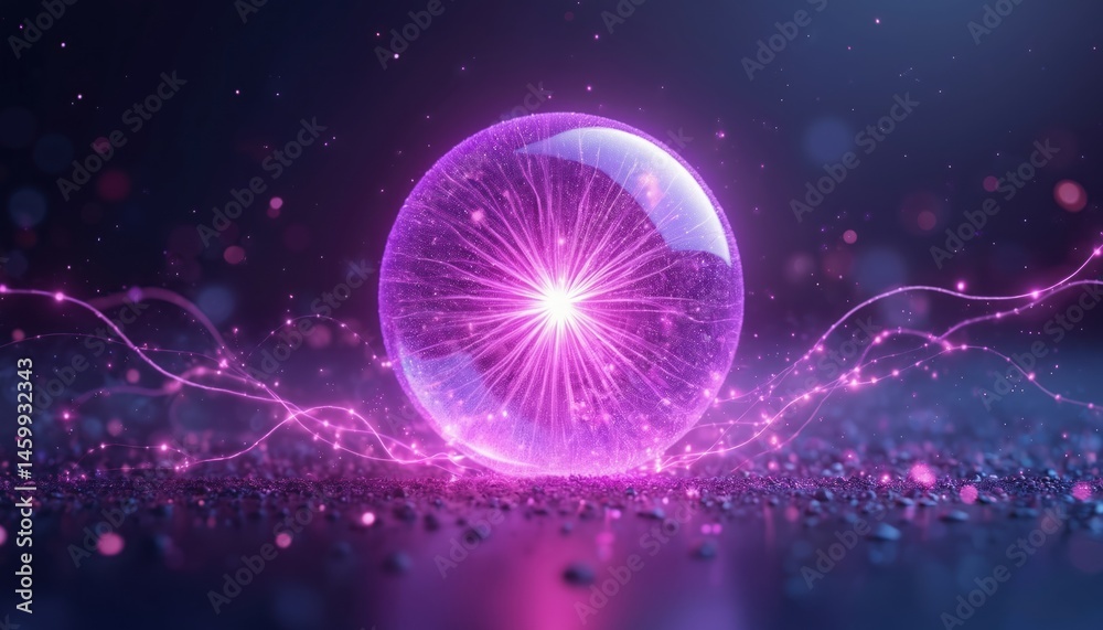 Poster digital art shows futuristic magic sphere. glowing ball core emits light rays waves energy particles