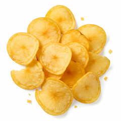 A top down view of a pile of golden potato chips with a bite taken out of one on a white background