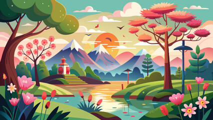 Fototapeta premium This illustration speaks of serenity, abundance, and the gentle wonder of nature. It evokes a timeless place—warm mornings, slow afternoons, quiet joy among the blossoms. It’s ideal for designs that w