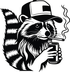 Cool Raccoon in a mullet trucker hat Enjoying a Drink and Cigarette