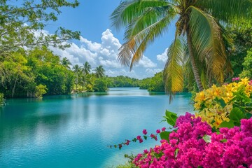 Obraz premium Tropical paradise: serene lake, palm trees, and colorful flowers in lush greenery