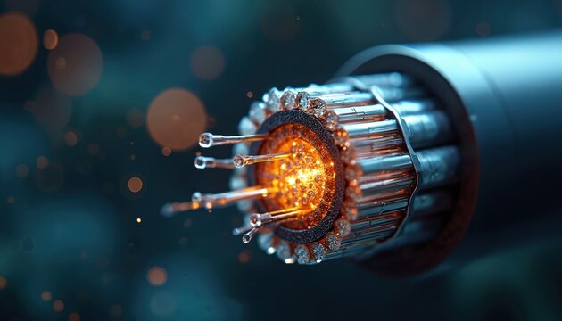 Extreme close-up of undersea internet cable cross-section. Multiple layers, copper, fiber optic cores transmit data signals across oceans. Tech innovation, global communication, high-speed internet