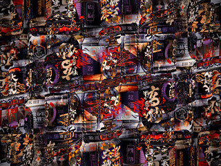 Fototapeta premium Abstract pattern of japanese beer or sake barrels lined up at a shinto buddhist shrine with bold repeat patterns and textures for graphic design background and print. Copy space no people. web design.