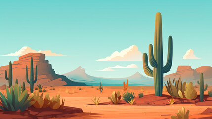 Illustrated desert landscape with saguaro cacti, mesas, mountains, and a clear blue sky with clouds