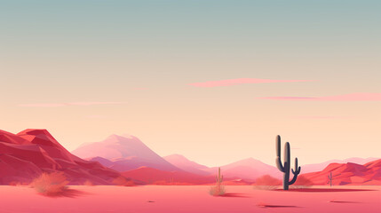 A pastel desert landscape with mountains and cactus under a serene sky in a stylized rendering
