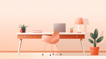 Illustration of a desk with a laptop chair lamp and plants in a peach toned room setting style