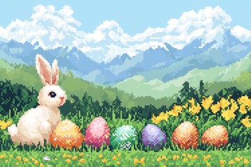 Pixelated Easter Bunny in Mountainous Landscape