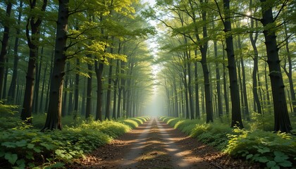 Fototapeta premium Sunlit Path Through a Serene Spring Forest