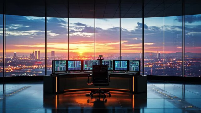 Modern airport control tower with panoramic glass windows during sunset, panoramic glass window view of modern airport control room