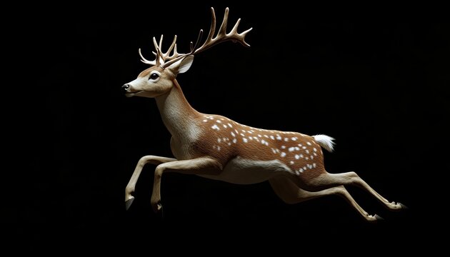 Fallow deer in mid-leap.  Detailed 3D render of a spotted deer in motion against a black background.  Elegant, graceful posture