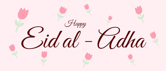 Happy Eid al-Adha greeting with pink tulips floral design perfect for cards invitations and celebrations