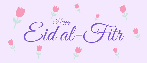 Happy Eid al-Fitr Greeting Card with Pink Tulips and Lavender Background
