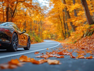 Scenic autumn drive; a sleek car on a winding road through a vibrant forest with fallen leaves