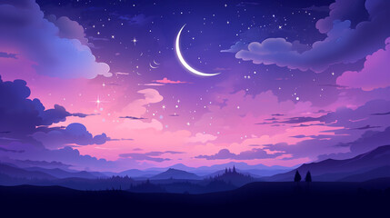 A dreamy nightscape with a crescent moon stars clouds and distant mountains in purple and pink hues