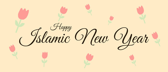 Happy Islamic New Year Greeting Card with Floral Design and Elegant Typography