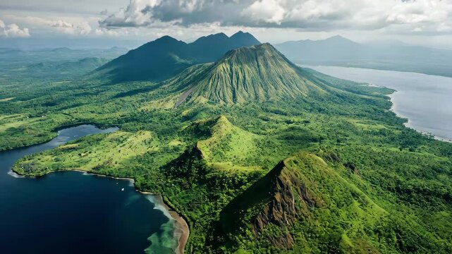 Majestic aerial view of a mountain range on the main island showcasing lush greenery and serene waters, Aerial shot of a mountain range on the main island of Luzon in the Philippines