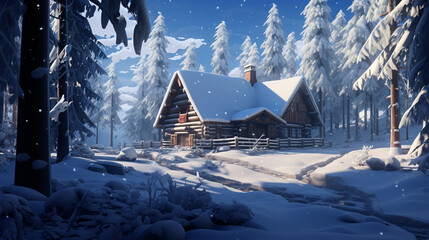 A snowy log cabin nestled among snow covered trees on a bright winter day with falling snow