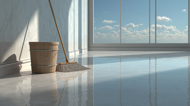 Shiny Floor Cleaning Mop, Bucket, and Empty Space in Modern Room