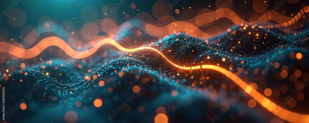 Aufkleber Abstract illustration of operational effectiveness. Wavy lines with dots, dots and bokeh lights in orange and blue colors. Suitable for business, tech, digital design.