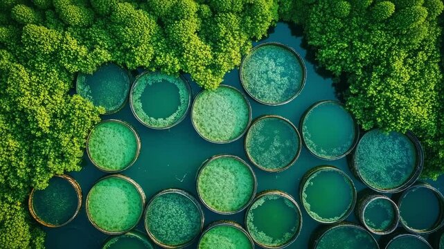 op-down view of circular algae cultivation ponds surrounded by dense green forest. The geometric arrangement in emerald water reflects sustainable biofuel production and eco-friendly innovation.