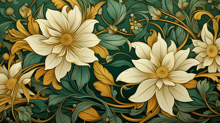 Floral arrangement with white flowers and green and gold leaves on a dark green background