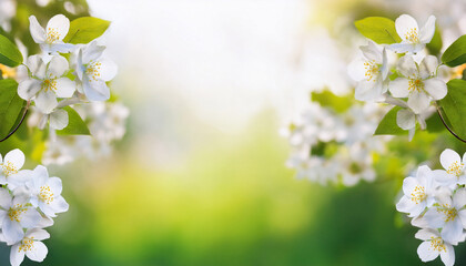 outdoors border with white flower on blurred spring season background