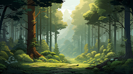 Illustration of a dense forest with tall trees and a path leading into the distance on a sunny day