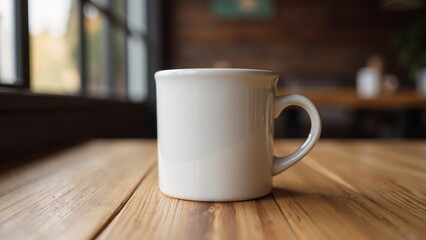 Obraz premium Simple White Coffee Mug on Wooden Table Near Window