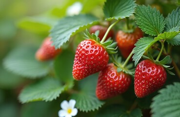 Close-up view ripe red strawberries. Fresh organic berries on green leaves. Healthy fruit harvest growing at farm. Summer season, tasty dessert. Agriculture, gardening concept.