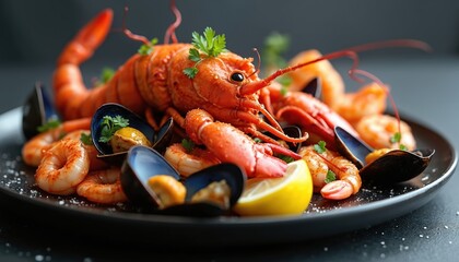 Close-up of seafood dish. Lobster, mussels, shrimp, lemon. Plate presentation, culinary art. Fine dining, restaurant food. Delicious meal, ready to eat. Gourmet cuisine, delicacy.