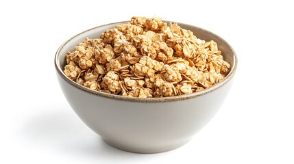 A bowl full of granola on a white background ready to be eaten now